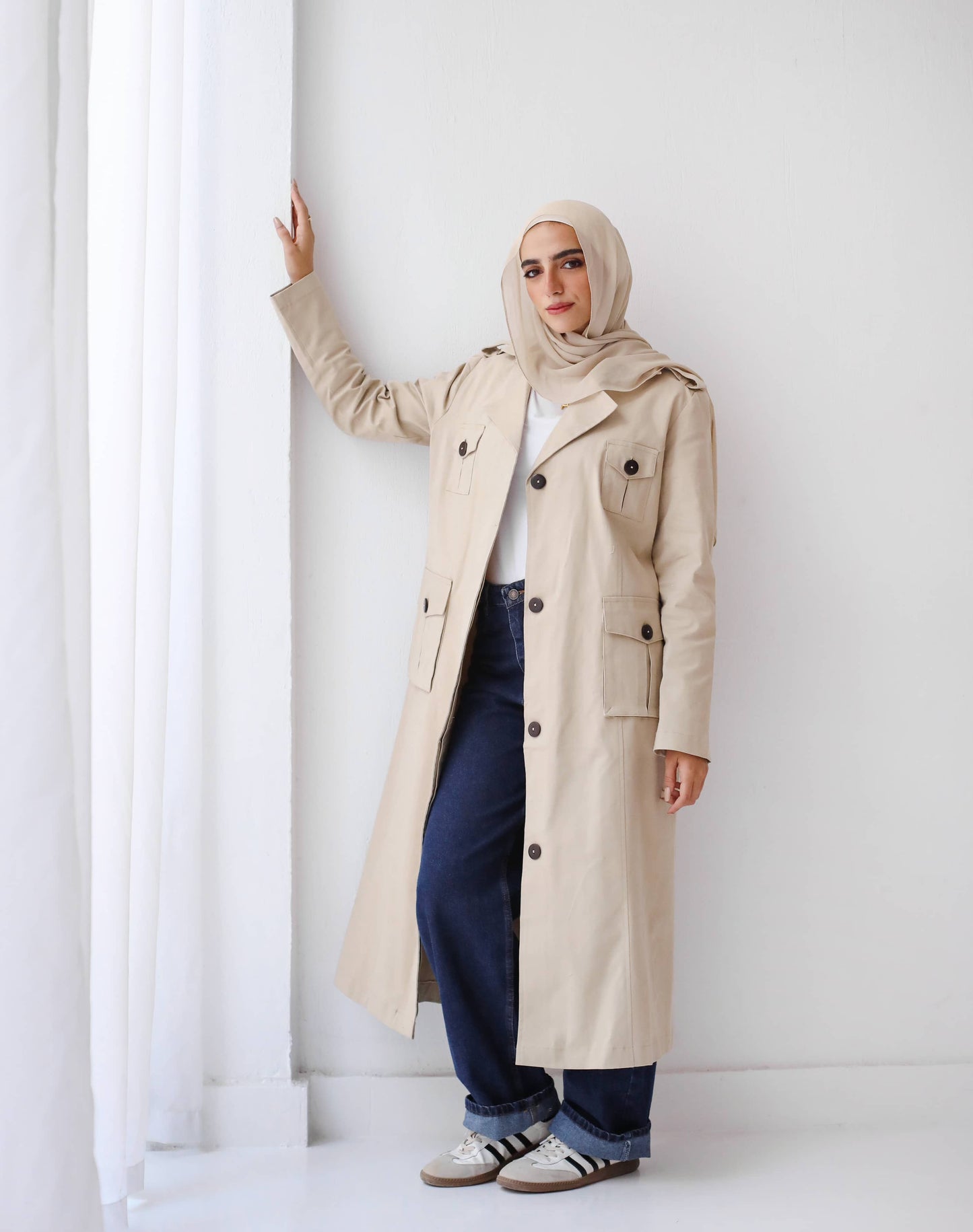 Cargo Trench Coat in beige