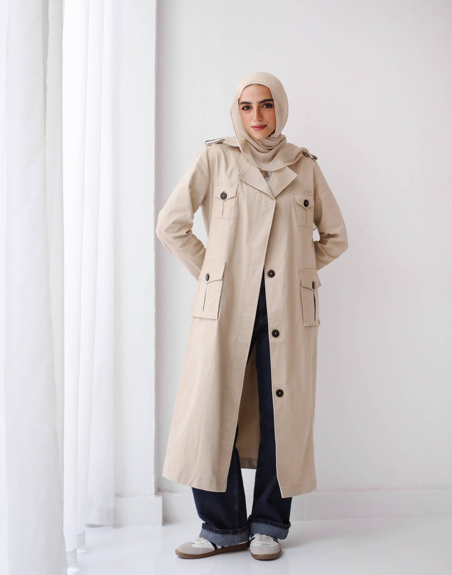 Cargo Trench Coat in beige
