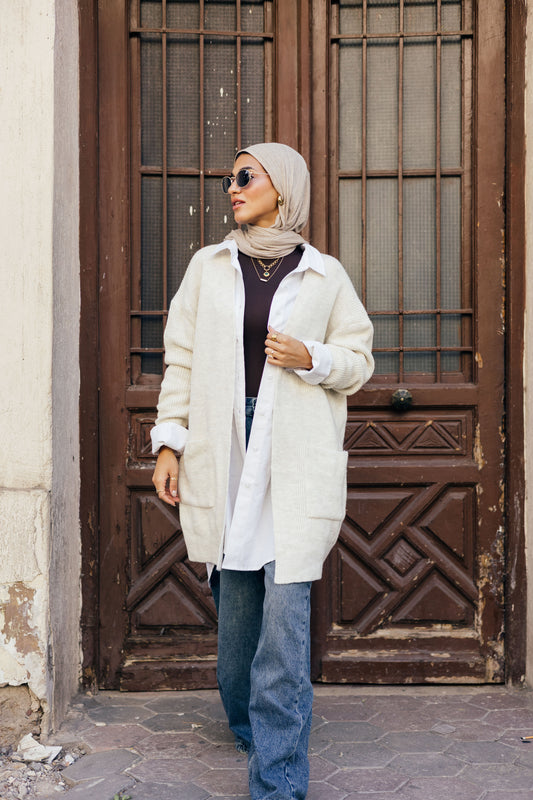 Beige Knit Pocket Cardigan