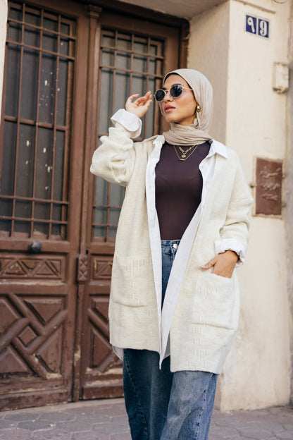 Beige Knit Pocket Cardigan