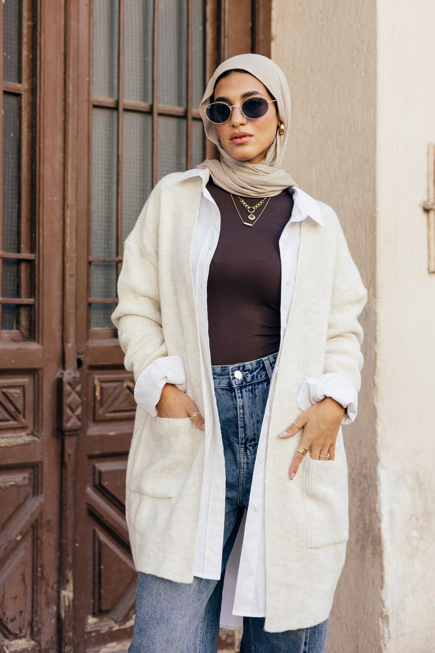 Beige Knit Pocket Cardigan