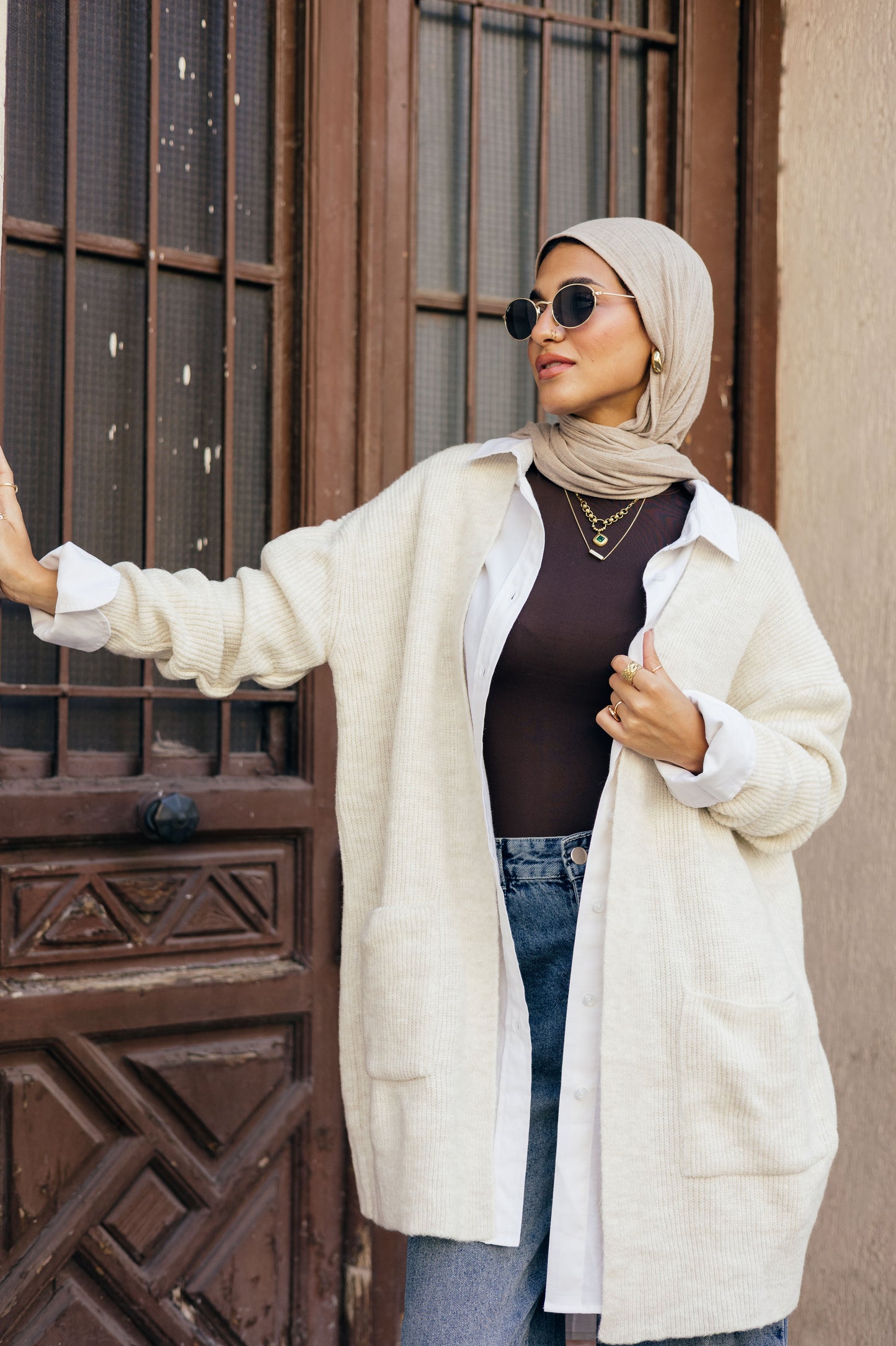 Beige Knit Pocket Cardigan