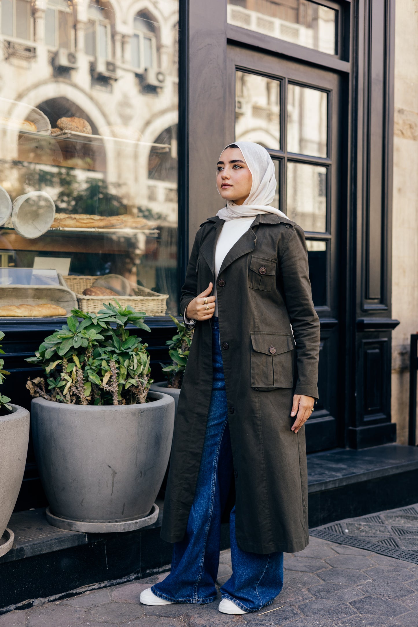 Cargo Trench Coat in Olive