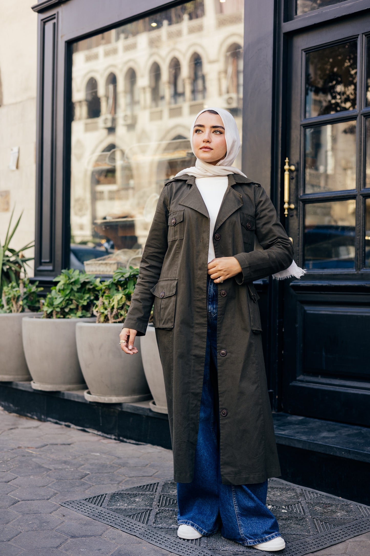 Cargo Trench Coat in Olive