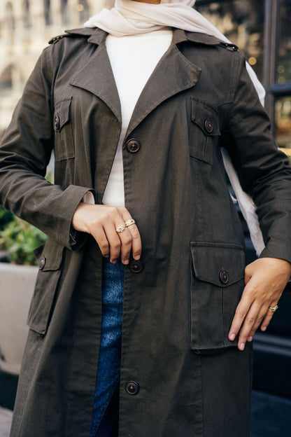 Cargo Trench Coat in Olive