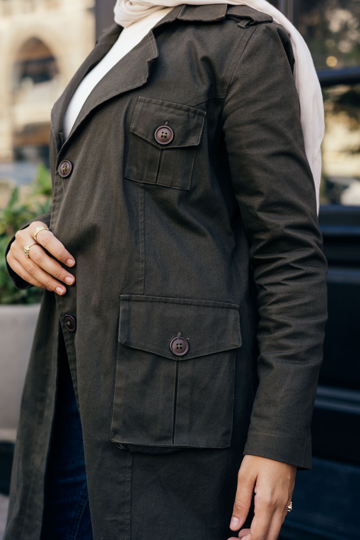 Cargo Trench Coat in Olive