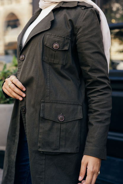 Cargo Trench Coat in Olive