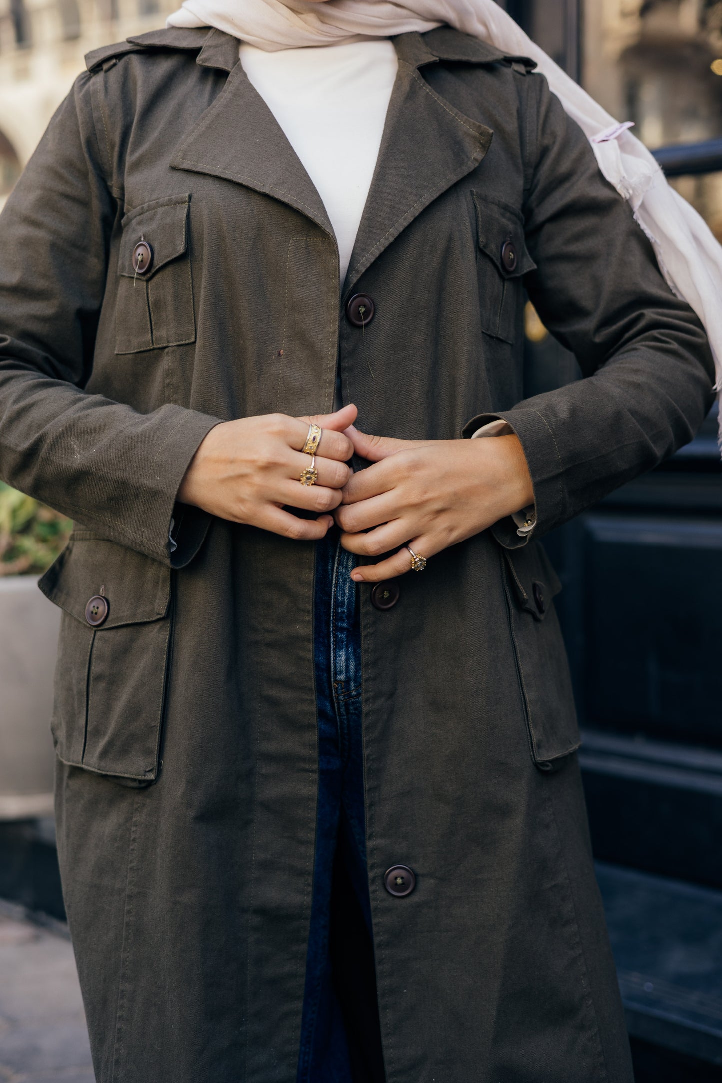 Cargo Trench Coat in Olive
