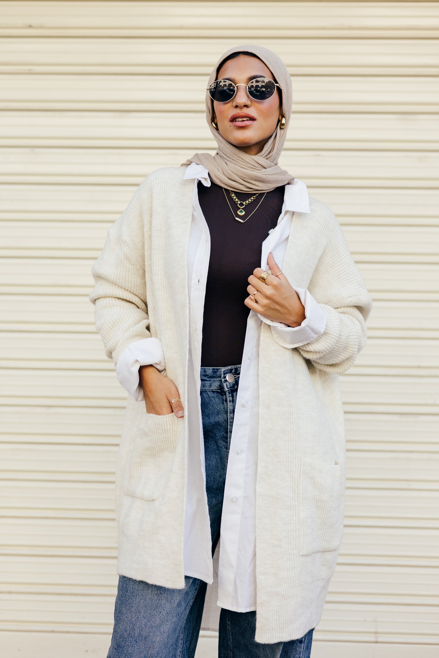 Beige Knit Pocket Cardigan