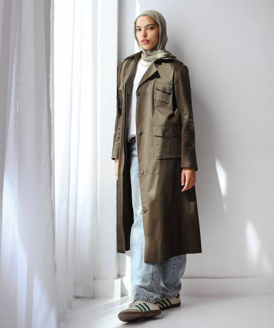 Cargo Trench Coat in Olive