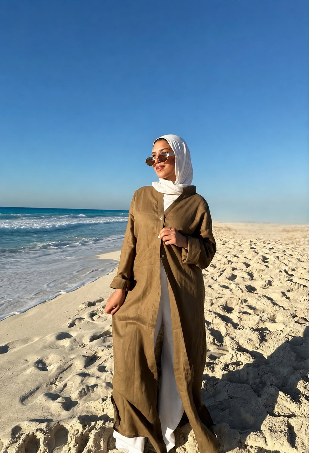 Linen shirt dress in ( olive )