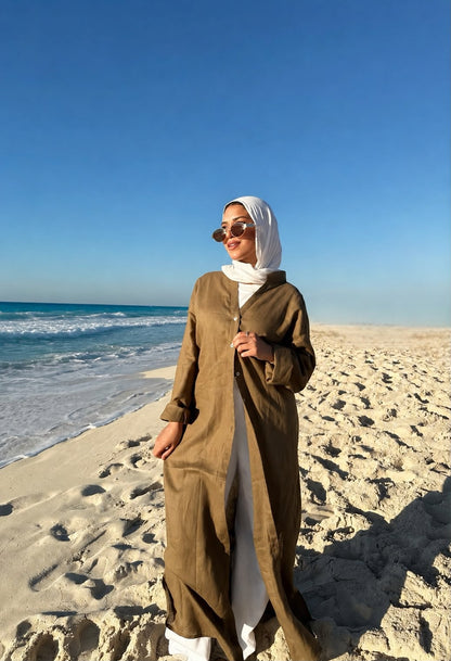 Linen shirt dress in ( olive )