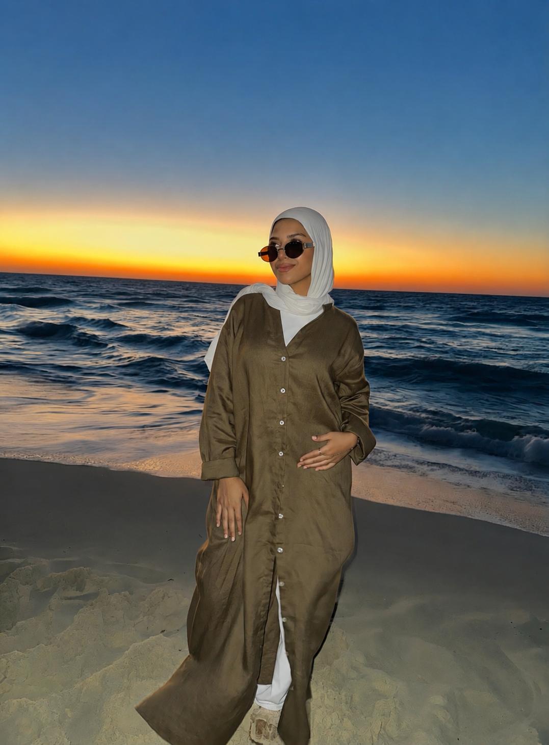 Linen shirt dress in ( olive )