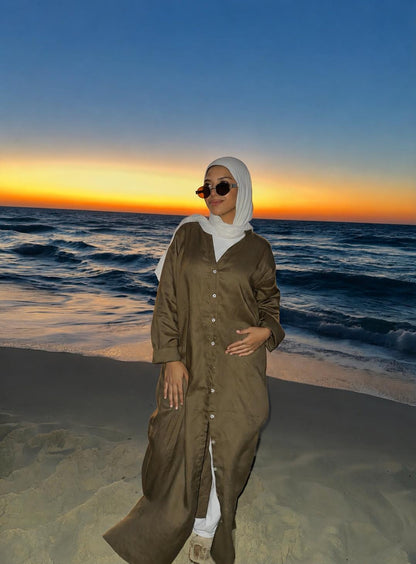 Linen shirt dress in ( olive )